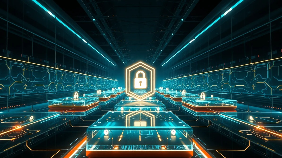 Data governance for the GenAI era illustration: layered data lake protected by a shield, connected to a neural network